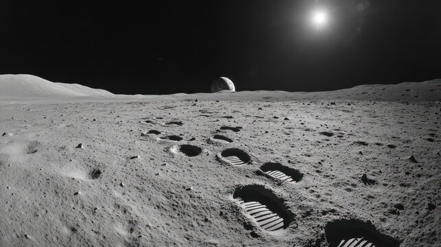 Lunar footprints, Earthrise, moon surface, space exploration, science background