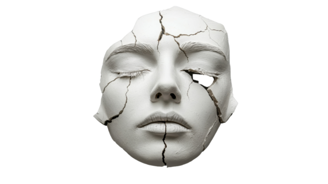 Broken plaster mask representing emotional suffering with transparent background