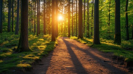 Obraz premium A hidden hiking trail through a lush, untouched forest with sunlight filtering through the trees 