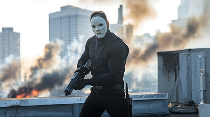 Urban warfare masked assailant rooftop confrontation