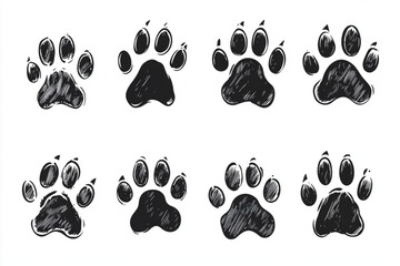 Black Paw Prints Pattern on White Background - 