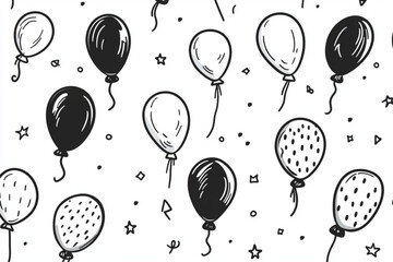 A pattern of balloons and confetti on a white background