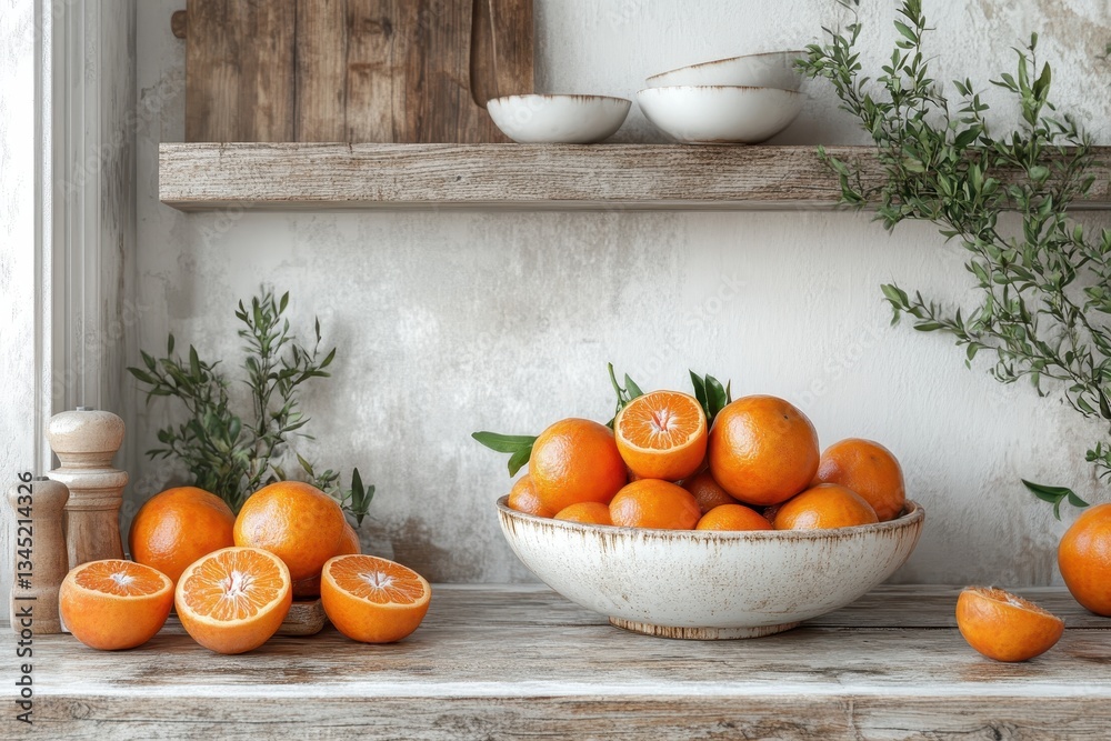Poster fresh oranges arranged in a rustic bowl with leaves, illuminated by warm natural light in a cozy kit