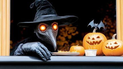 Mysterious plague doctor in witch hat with glowing eyes and carved pumpkins