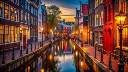 Naklejka premium Amsterdam Red Light District Nightlife: Narrow Street, Cozy Canal Houses, Deep Focus