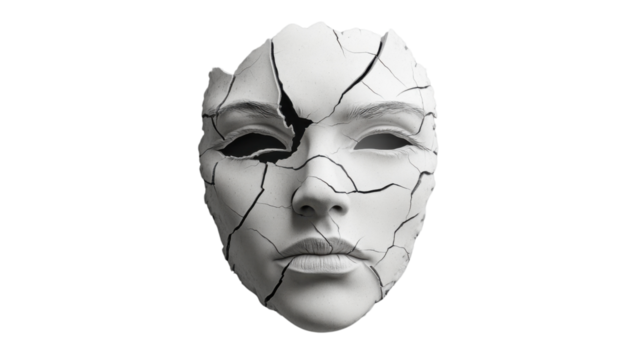 Broken mask representing mental health issues on transparent background - Powered by Adobe
