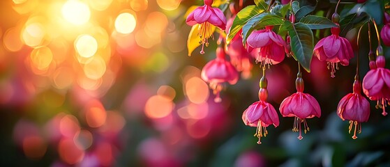 Pink Fuchsia Flowers Hanging in a Lush Garden with a Warm, Dreamy Sunlight Backdrop for Botanical Beauty.