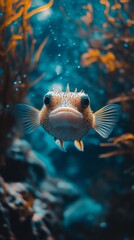 A close-up front view of a puffer fish in the ocean