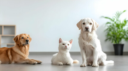 Three Pets Resting On Light Gray Floor In Light Beige Colored Interior