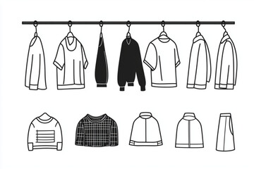 Minimalist Line Drawing of Garments on a Clothing Rack-