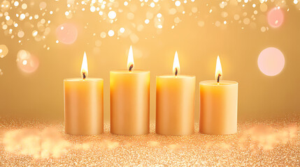 Illuminated Serenity: Four candles are lit, each casting a warm, inviting glow in a serene composition that speaks to moments of quiet reflection and celebration.