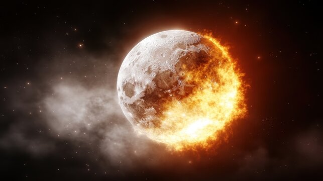Dramatic lunar eruption: fiery explosion on celestial moon against starry sky