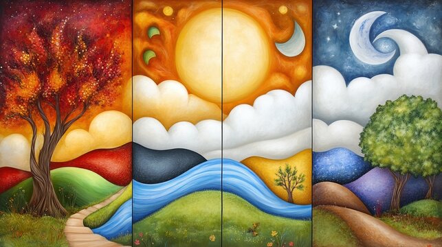 Colorful seasonal landscape art featuring trees and rolling hills
