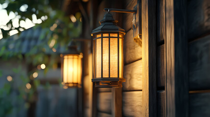 Obraz premium Warm Lanterns' Glow: Rustic lanterns mounted on a wooden exterior illuminate the twilight, casting a warm inviting light. 