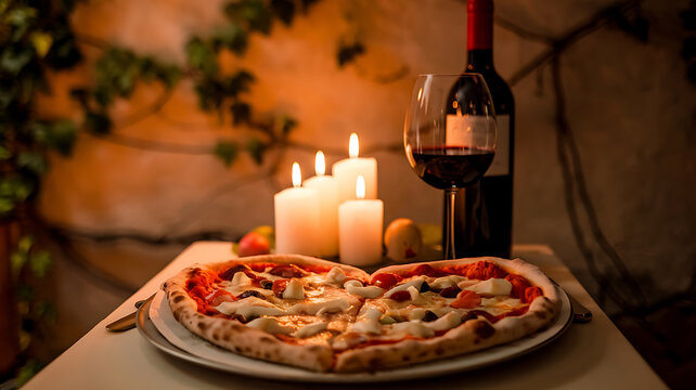 Romantic pizza dinner candles wine heart-shaped Perfect for a date night