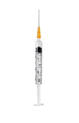 A medical syringe with a needle, on a transparent background