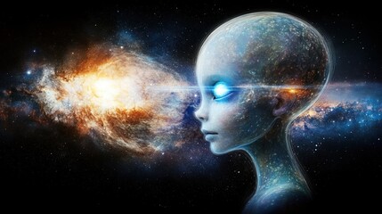 Cosmic alien with mystical glowing eyes gazing into a vibrant galaxy