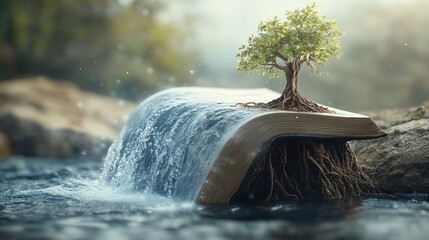 Surreal image of a tree growing from an open book with waterfall flowing into a stream