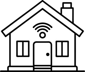 Smart Home Icon Black and White Outline of Connected Residence with WiFi Signal, Clean Minimalist Design