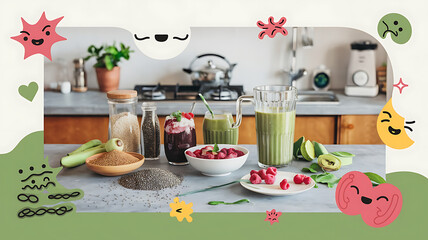 Healthy smoothie ingredients fresh fruits and seeds Kitchen countertop display Nutritional concept