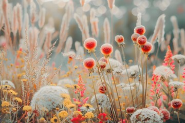 Wildflower Meadow with Red Billy Buttons, Yellow Flowers, and Blurred Background