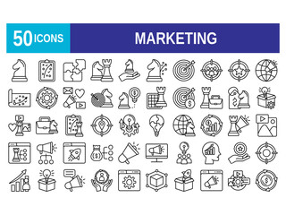 Marketing icons set. Content, search, marketing, ecommerce, seo, electronic devices, internet, analysis, social and more line icons on white background�