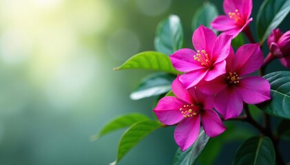 Obraz premium Vibrant fuchsia blossoms, intricate leaf details, bloom, spring