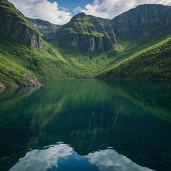 Fototapeta premium A breathtaking fjord where steep cliffs rise dramatically from a still, mirror-like body of water, reflecting the vibrant greens and deep blues of the untouched landscape