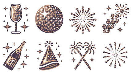 Rose gold glitter new year's eve celebration icons Party champagne fireworks Holiday design elements