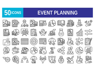 Event planning icon set. Containing decorations, venue, event planner, registration, entertainment, catering and invitations symbol. Solid icons collection. Vector illustration. 