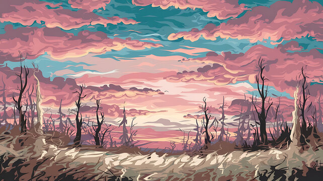 Post-apocalyptic landscape vibrant sunset barren trees stylized clouds