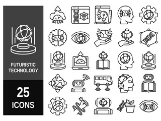 Set of 25 outline icons related to technology. Linear icon collection. Editable stroke. Vector illustration