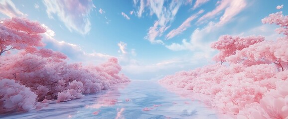 Dreamy landscape with pink blossom trees and water reflections
