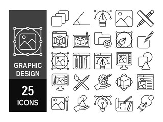 Graphic Design Line Editable Icons set. Vector illustration computer graphics related icons: tools, creativity, development stages, and more. Pictograms and infographics.