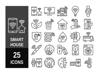 Collection of smart house linear icons - control of lighting, heating, air conditioning. Set of home automation and remote monitoring symbols drawn with thin contour lines. Vector illustration.