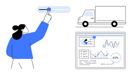 Person interacts with a slider, triggering logistics dashboard data and delivery truck movement. Ideal for logistics, transportation, data analytics, supply chain, user control, efficiency, flat