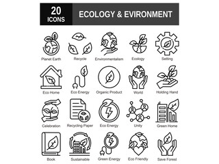 Ecology and environment line icons set. Environment, sustainability, nature, recycle, renewable energy, eco-friendly, forest, wind power, green symbol and more. Set of eco related line icons 