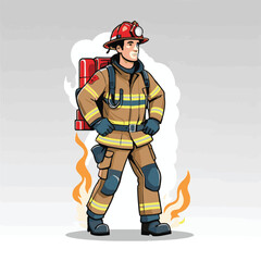 fireman, safety, emergency, firefighter, danger, rescue, fire, man, fighter, uniform, equipment, protection, helmet, service, flame, burn, water, profession, extinguisher, vector, red, hose, backgroun
