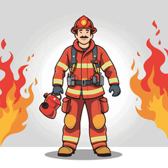 fireman, safety, emergency, firefighter, danger, rescue, fire, man, fighter, uniform, equipment, protection, helmet, service, flame, burn, water, profession, extinguisher, vector, red, hose, backgroun