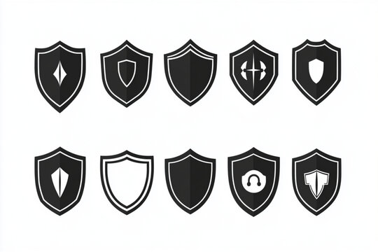 Ten black shield icons with various design on white background