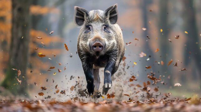 Wild boar charging through dense forest undergrowth leaves and dirt scattering in its powerful wake - Powered by Adobe
