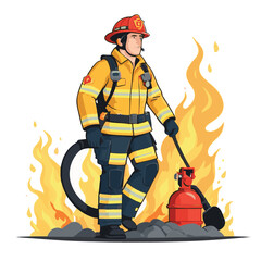 fireman, safety, emergency, firefighter, danger, rescue, fire, man, fighter, uniform, equipment, protection, helmet, service, flame, burn, water, profession, extinguisher, vector, red, hose, backgroun