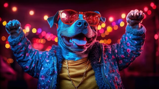 Close-up of a happy dog in a floral jacket and yellow t-shirt, sporting orange oversized sunglasses. Its paws are raised in the air, accessorized with a gold pendant necklace