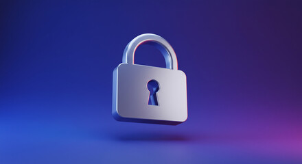 A secure silver padlock symbolizing digital protection and data safety against a vibrant blue and purple gradient background.