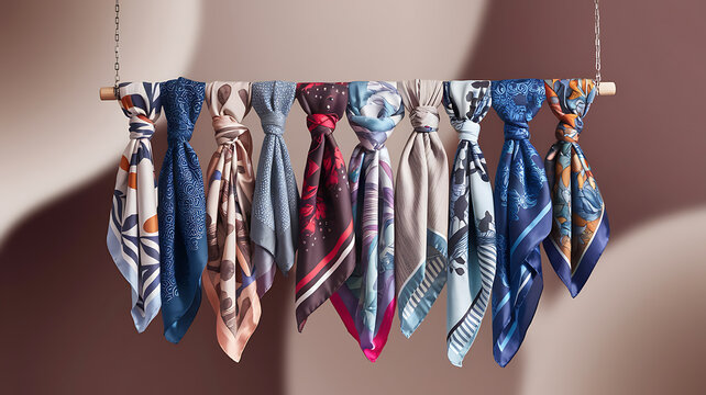 Colorful silk scarves various patterns hanging display