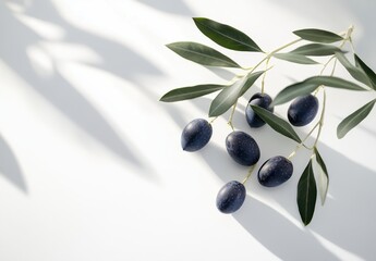 Fresh olives with green leaves on light surface casting soft shadows for culinary and natural lifestyle concepts in a minimalist style