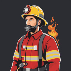 fireman, safety, emergency, firefighter, danger, rescue, fire, man, fighter, uniform, equipment, protection, helmet, service, flame, burn, water, profession, extinguisher, vector, red, hose, backgroun