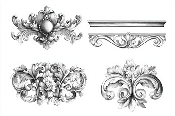 Four baroque style floral ornaments on a white background