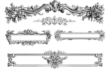 Elaborate Decorative Frames and Floral Details in Black Ink -