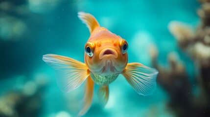 A close-up front view of a goldfish in the ocean
